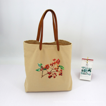 Custom Logo Genuine Leather Hand Strap Biodegradable Women Tote Bag Cotton Linen Canvas Custom Shopping Bag